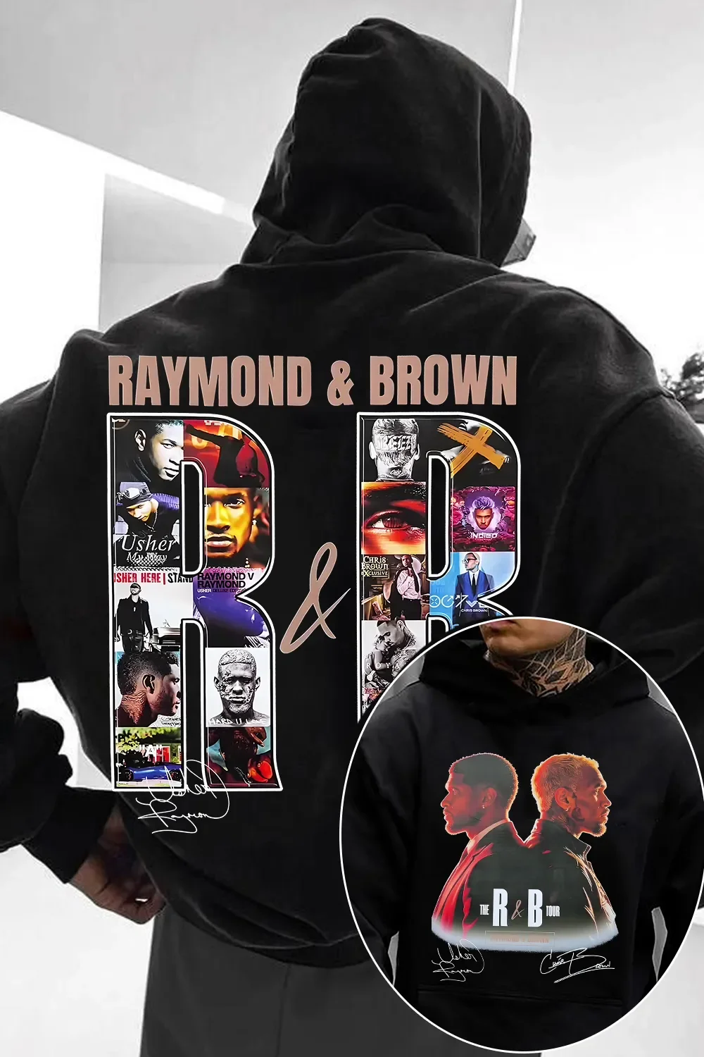 Chris Brown&Usher R&B Tour Hoodies Usher Chris Brown Album Collage Patterns Men's and Women's Hip Hop Costumes