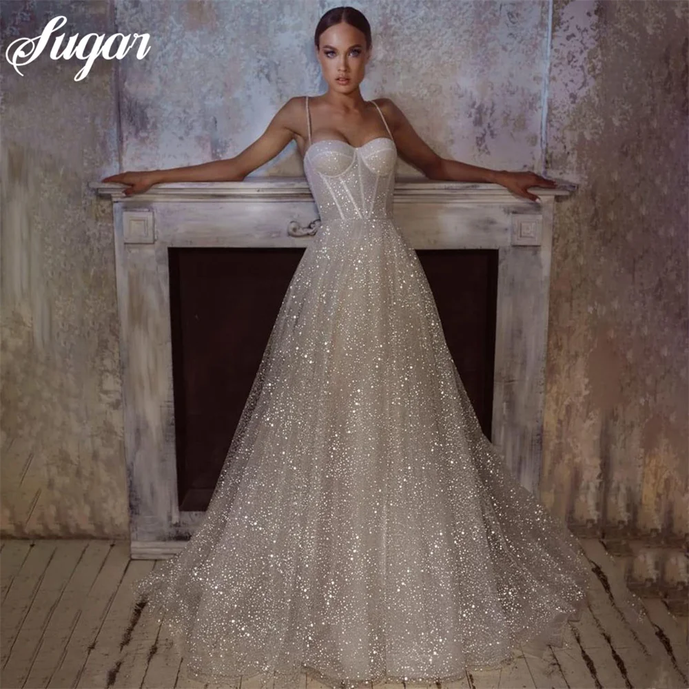 Błyszczące suknie ślubne Sweetheart Princess brokatowy tiul seksowna suknia ślubna paski Spaghetti Boho suknie panny młodej Vestidos de novia