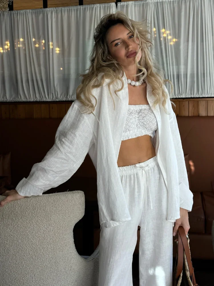 

2026 Women's Sets Chic Button Down Blouse Drawstring Wide Leg Trousers Suit Solid Casual Cotton Linen Shirt Summer Vacation Wear