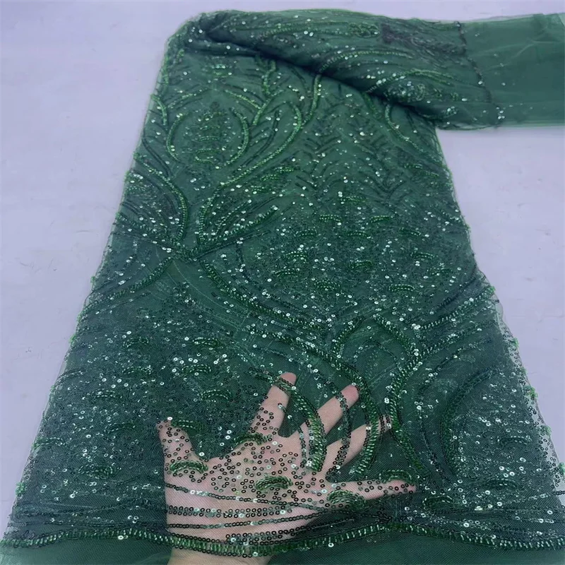 

African Lace Fabric Green 2024 Sequins Beaded Embroidery Groom Nigerian Bridal High Quality French Tulle Lace Fabric For Wedding