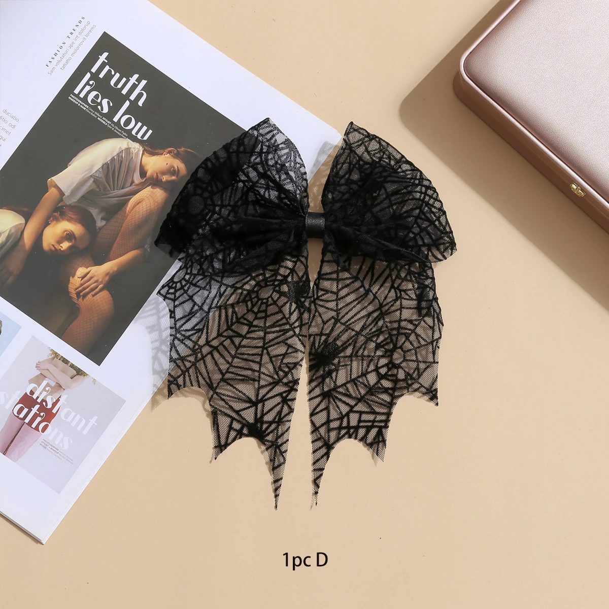 1pc Spider Web Bat Skull Black Mesh Veil Halloween New Bow Hairpin Hair Accessory Temperament Versatile Spring Clip view 6