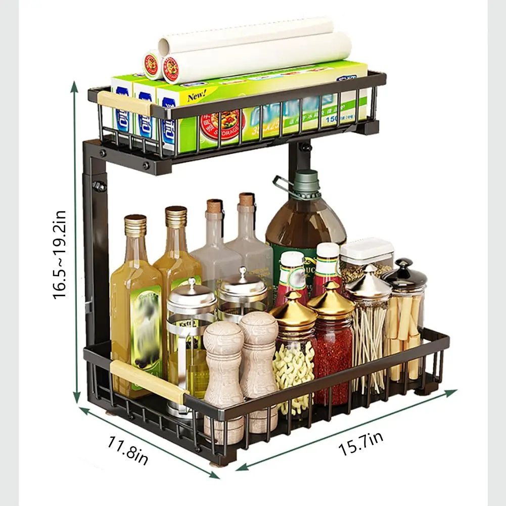 2‑Tier Under Sink Organizer Height Adjustable Pull‑out Storage Basket Multi‑Purpose Kitchen Cabinet Storage Rack for Bathroom Countertop