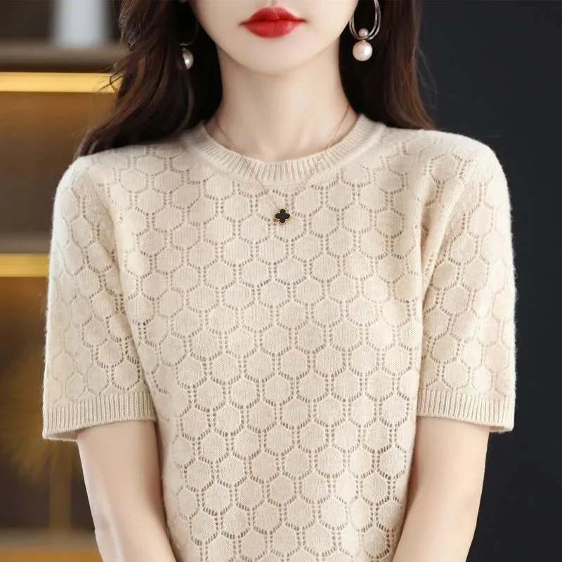 Short Sleeve T Shirt Women O Neck Wool Cotton Pullover Black Crop Top Spring Summer 2024 New Streetwear Basic Knitted Sweater To