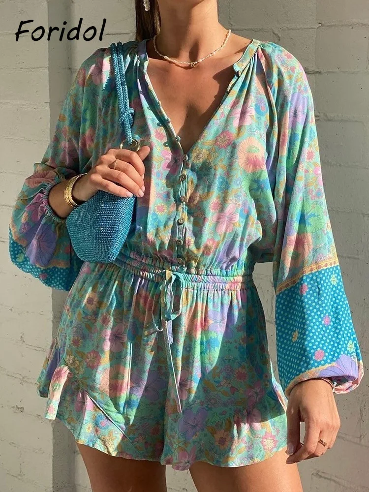 Long Sleeve Spring Summer Short Jumpsuit Women Printed Bohemian Wide Leg Playsuit Female Romper Ruffles Rayon Boho Overalls 2024