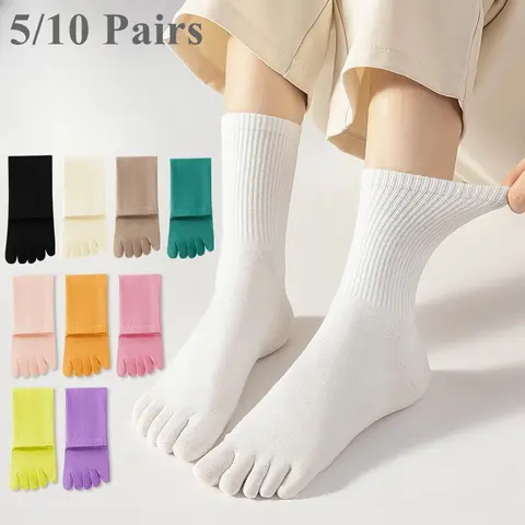5 또는 10 쌍 별도의 손가락이있는 여성 스포츠 발가락 양말 하이 튜브 다섯 손가락 코튼 크루 양말 요가 고품질