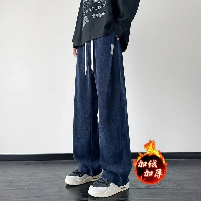 

Autumn and Winter Velvet Thickened Solid Color Elastic High Waist Casual Men's Trendy Sports Loose Straight Trousers