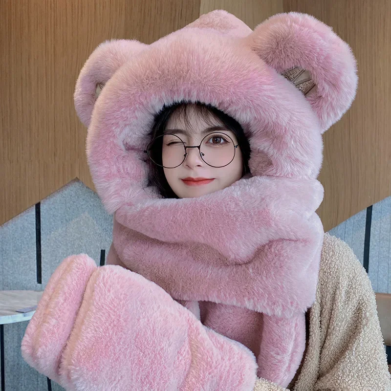 1pc Cute Bear Ears Hat Female 2022 Winter New Style Thickened Warm Plush Scarf All-in-one Hooded Scarf Three-in-one For Cycling