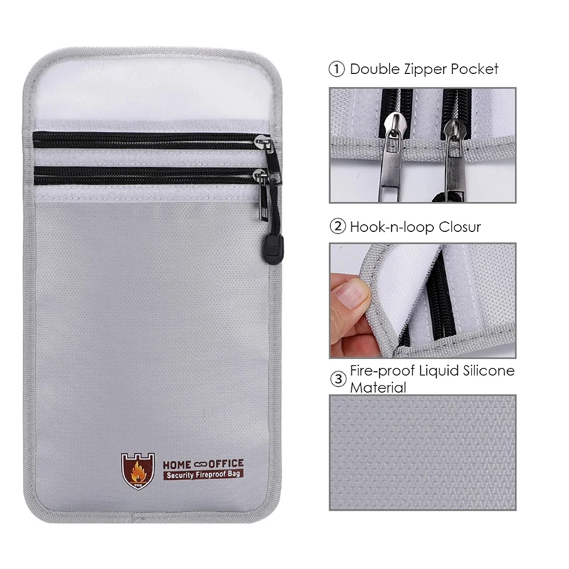 Fireproof Document Bag Waterproof File Organiser File Storage Case with Zipper Hook Loop Silicone Coated Glass Fiber Phone Bag