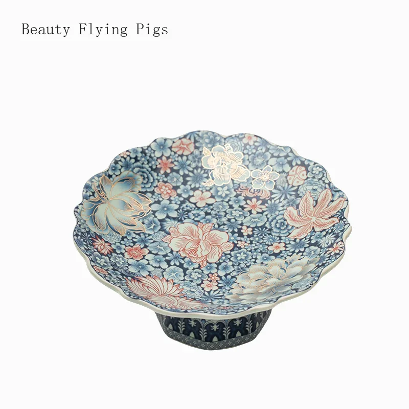 

1PCS Ceramic Enamel High Foot Plate Creative Chinese Retro Palace Style Offering Tribute Plate Feng Shui Ornament