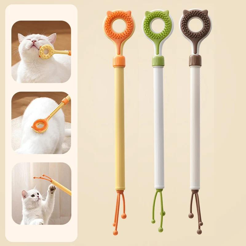 

3-in-1 Retractable Cat Back Scratcher Double-sided Soft Silicone Massager Interactive Cat Teaser Wand Grooming Tool for Kitten