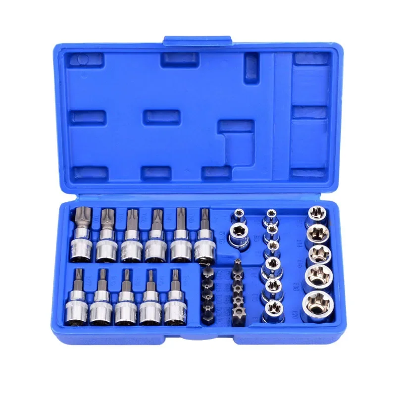 

34 Pieces Torx Bit Socket And E-Torx Star Sleeve Set 3/8 Inch Drive Male Female Security Bits Mechanical Repair Tool Combination