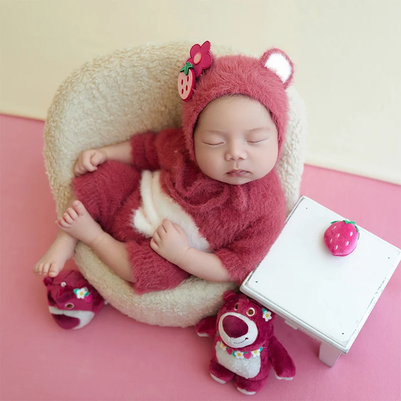 Newborn Photography outfit Strawberry Theme Pink Bear Bodysuit Outfit Doll Prop Patchwork Background Adorable Baby Costume
