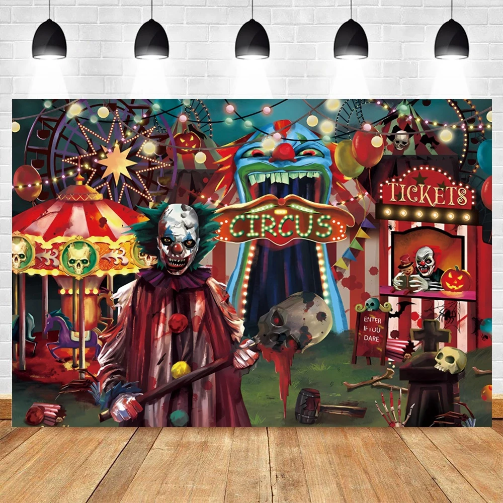 Halloween Circus Backdrop Horror Evil Clown Trick Or Treat Pumpkin Skeleton Carnival Party Photo Background Photography Props