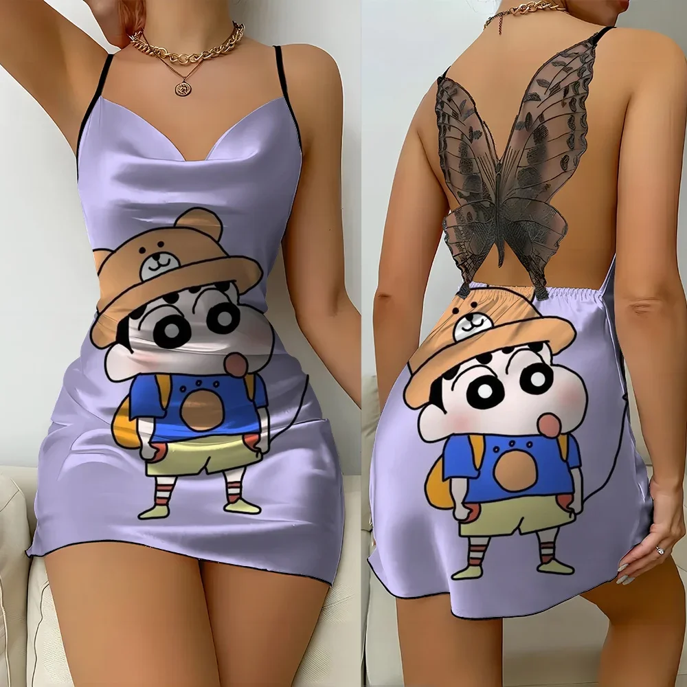 

2024 Spring and Summer Butterfly Lace Sexy Backless Suspender V-neck Anime Cartoon Pattern Crayon Shin-chan Print