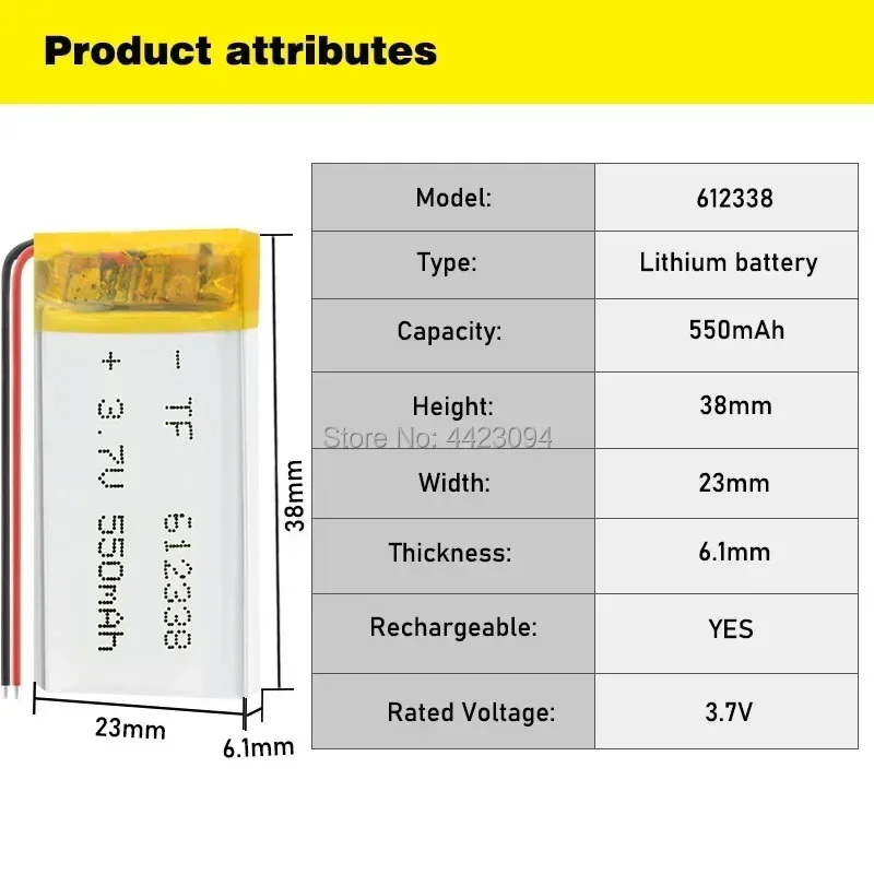 3.7V 550mAh 612338 Polymer Li-ion Battery For DVR601FHD video recorder mirror dvr texet dvr-570fhd AvtoExpert DVR-815