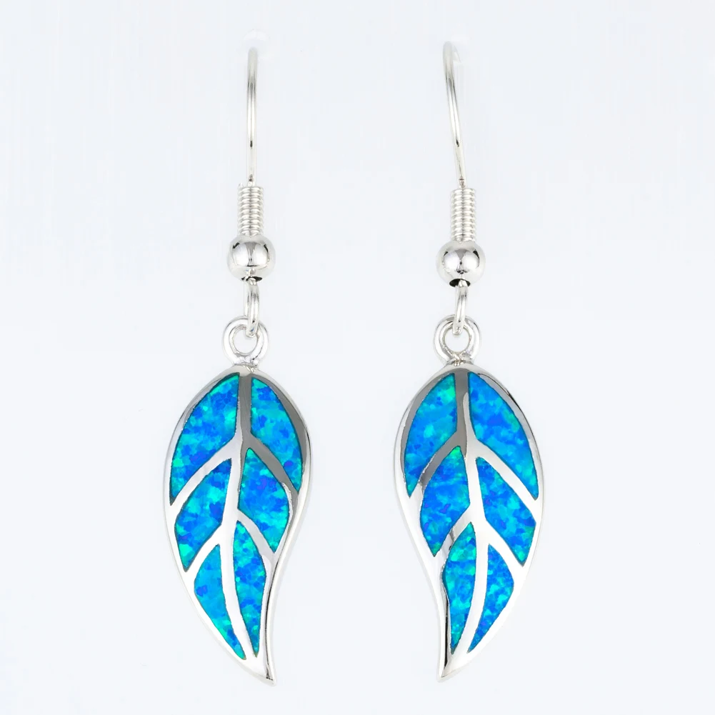 KONGMOON Nature Leaf Shape Ocean Blue Fire Opal Jewelry for Women Dangle Drop Earrings