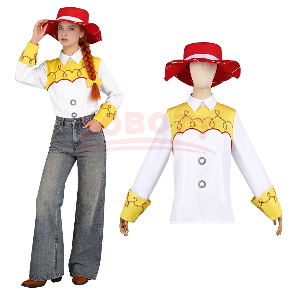Cartoon-Jessie-Charakter-Cosplay-Outfit, weiß-gelbes Oberteil, roter Hut mit breiter Krempe, Schleifen-Haarnadel, komplettes Bühnenkostüm