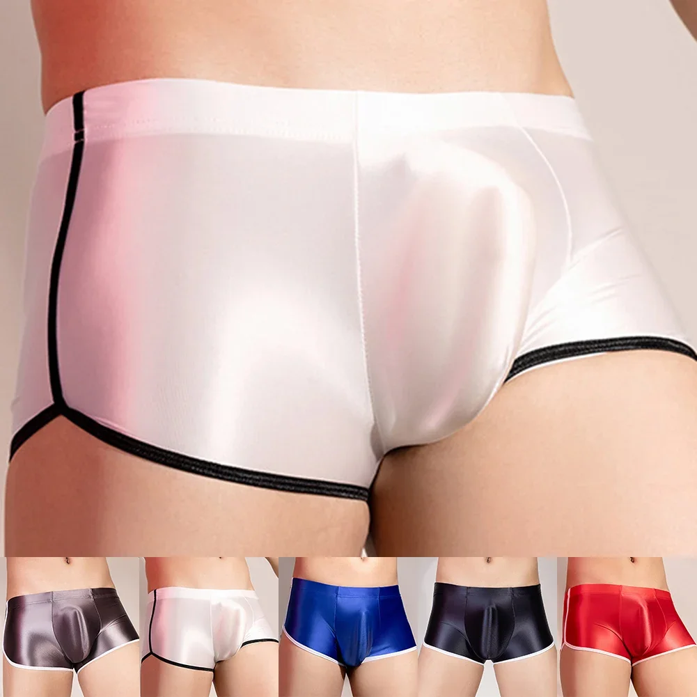 Boxers planas sexy dos homens, shorts de segurança, cuecas sem costura, bottoms sono liso, jockstrap, óleo brilhante, roupa íntima apertada, elástico