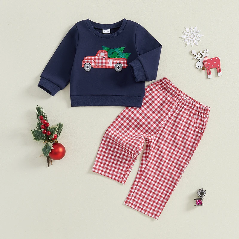 2024-08-09 Lioraitiin Toddler Boys Christmas Outfits Santa/Truck Embroidery Long Sleeve Sweatshirts and Plaid Long Pants Set image 2