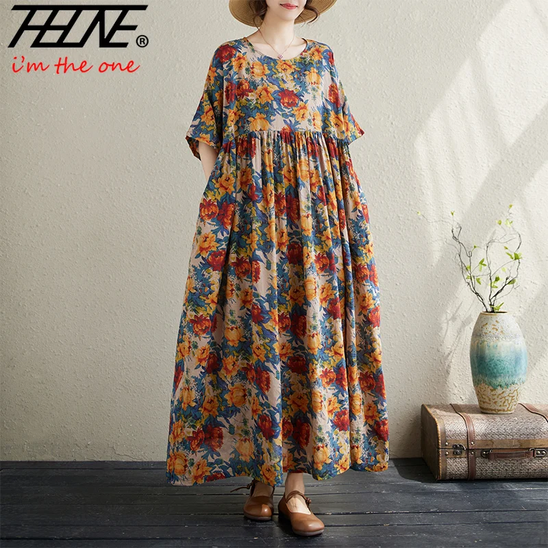 Plus Size Bohemian Print Maxi Long Dress for Women Floral Casual Cotton Linen Loose Vintage Vestidos Para Mujer Robe Dresses