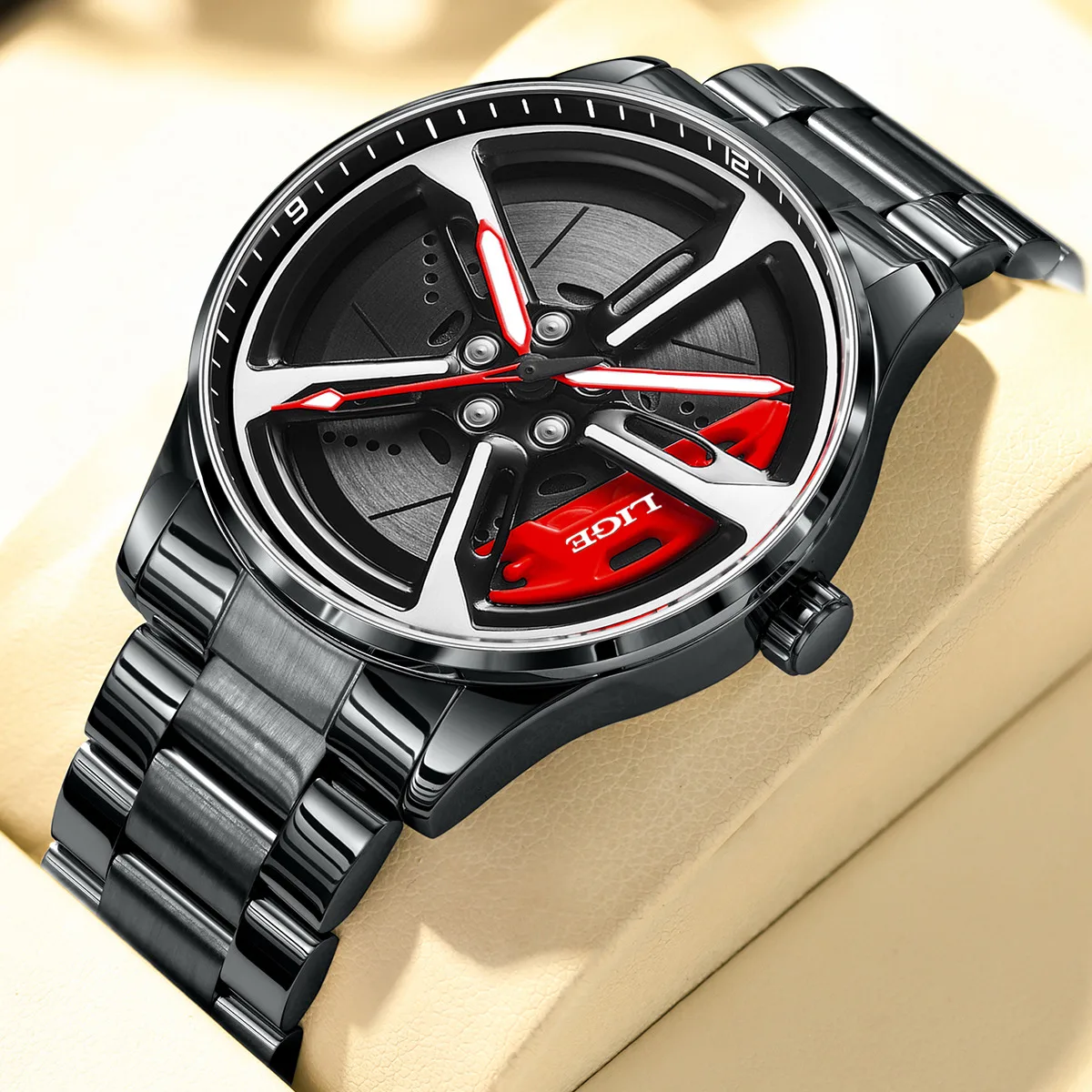 

LIGE 2026 New Sports 3D Car Wheel Watch Fashionable Rotating Dial Stainless Steel Strap Waterproof Quartz Watches Reloj Hombre