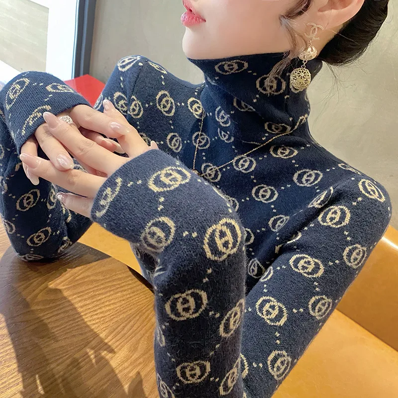 Autumn Winter Vintage Letter Jacquard Soft Elastic Wool Knitted Pullovers Women's Clothing Y2K Slim Turtleneck Commute Sweaters