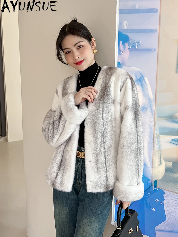 AYUNSUE Giacca in pelliccia di visone in velluto naturale Donna con scollo a V Giacca invernale in visone intero di lusso per abiti da donna Alta qualità │фта Сadeirasхом