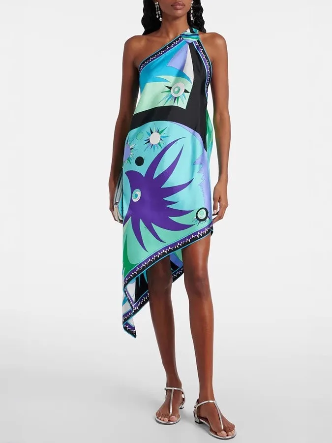 Vestido Casual Hoado con Hombro Asimétrico Estampado y Corte Ajustado para Mujer, Material 00% Sin Marca, Estilo Urbano