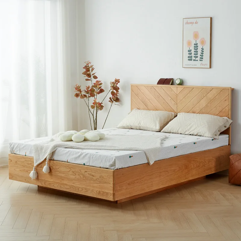 

Japanese-style cherry wood suspension box headless bed Nordic solid wood storage air pressure bed high box master bedroom double