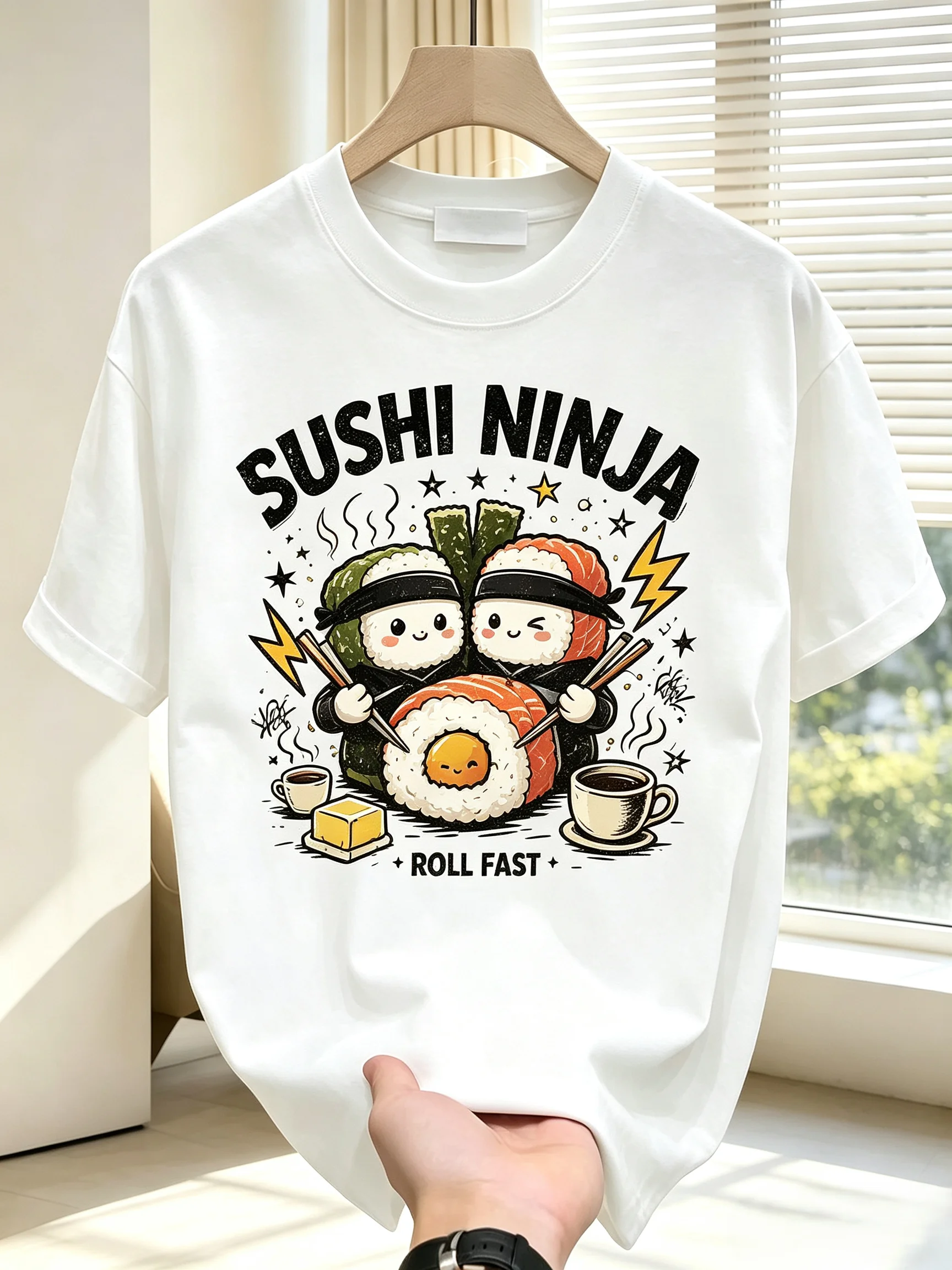 Camiseta Unisex con Gráfico de Sushi Ninja, Diseño Japonés, para Hombre y Mujer, Estilo Casual, Manga Corta, Blanca