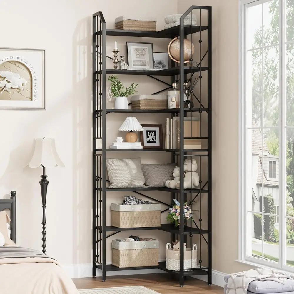 7-Tier L-Shaped Tall Bookshelf with Beaded Design, Ideal for Large Display in Living Room or Bedroom, Black