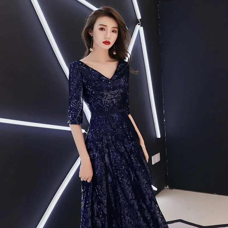 Reject Return A149 Sweet Memory Sequin Evening Dresses Black Navy Blue Wine Red V-neck Stage Night Gown Formal Prom Dress