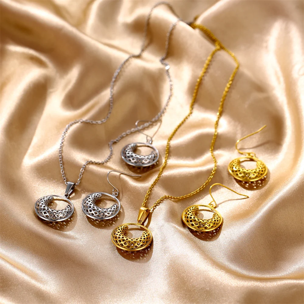 Conjunto de brincos femininos de colar de ouro 18k banhado oco de filigrana impressa em 3D de aço inoxidável