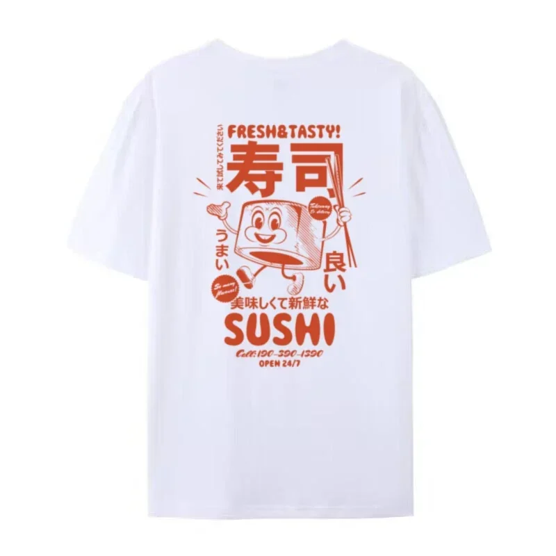 Retro Sushi Back Print Japanese Food T-Shirts Women Cute Funny Graphic Tees Oversized Streetwear Clothes Unisex Fashion Top Gift