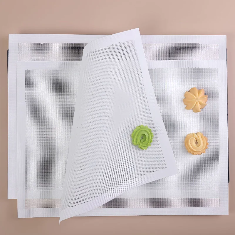 White breathable mesh silicone oven mat, handmade cookie baking mat, heats evenly without scorching, easy to clean kitchen tool