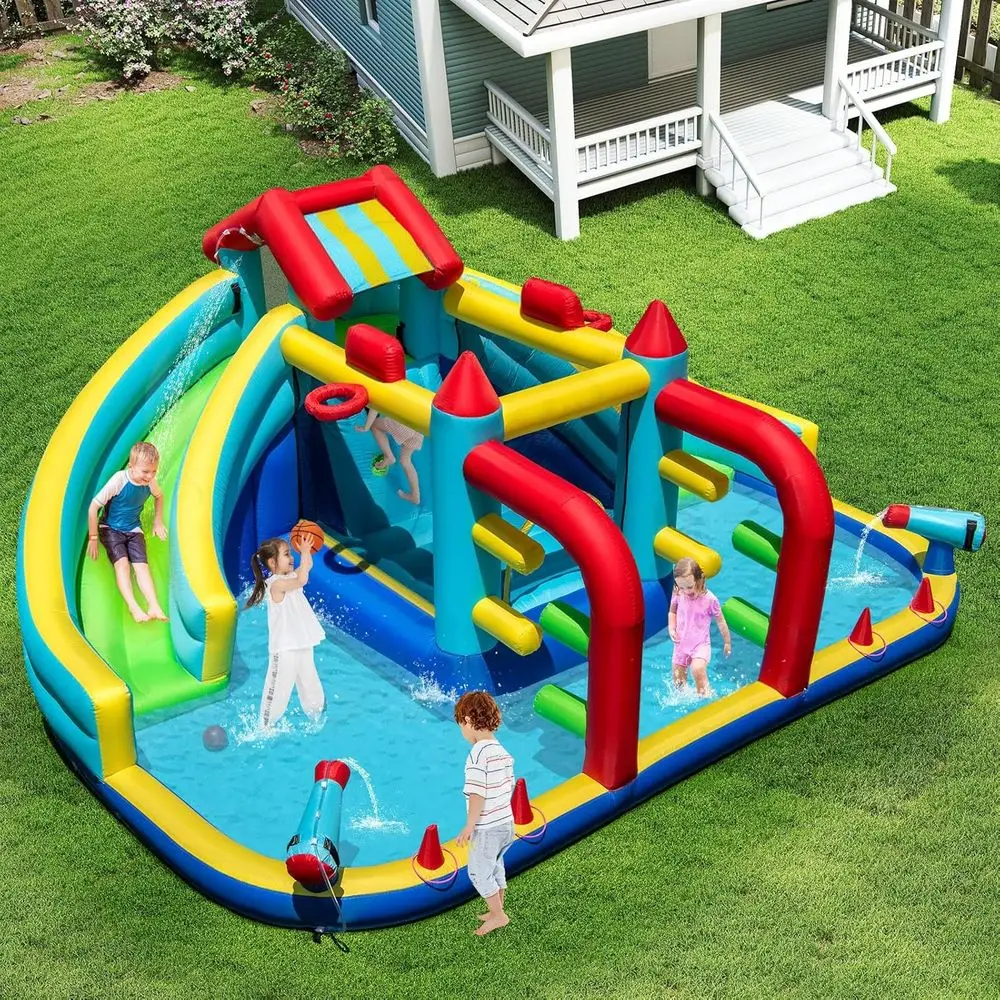 Iatable Water Slide, Giant Double Long Slide/Bounce House/Climbing Wall/Obstacle Course, Water Cannon, Splash Pool, Outdoor Blow