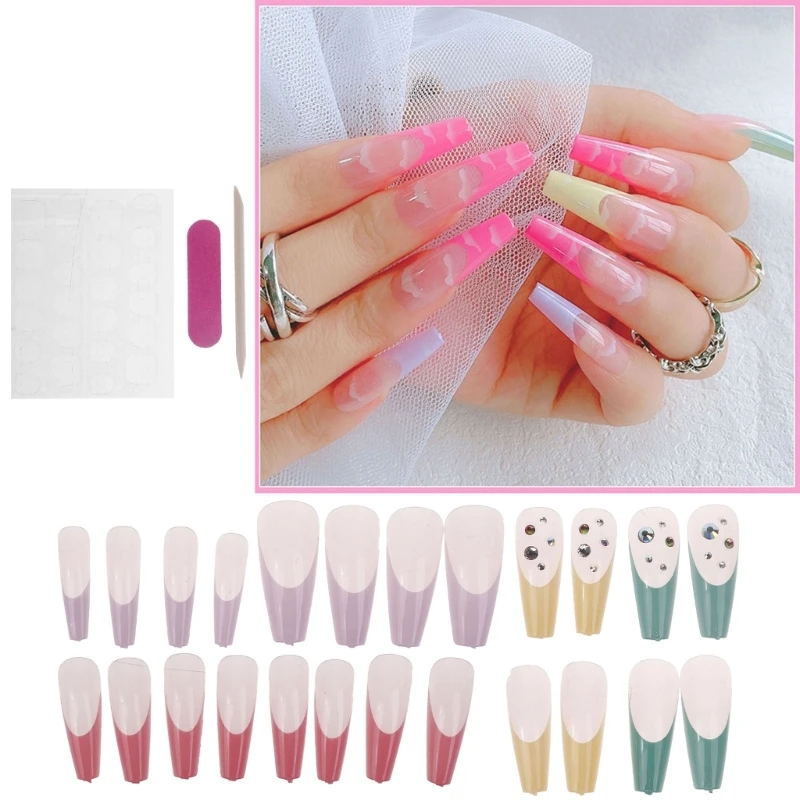 E1YE 24Pcs/Pack Acrylic Fake Nails Long Nails Set File Included