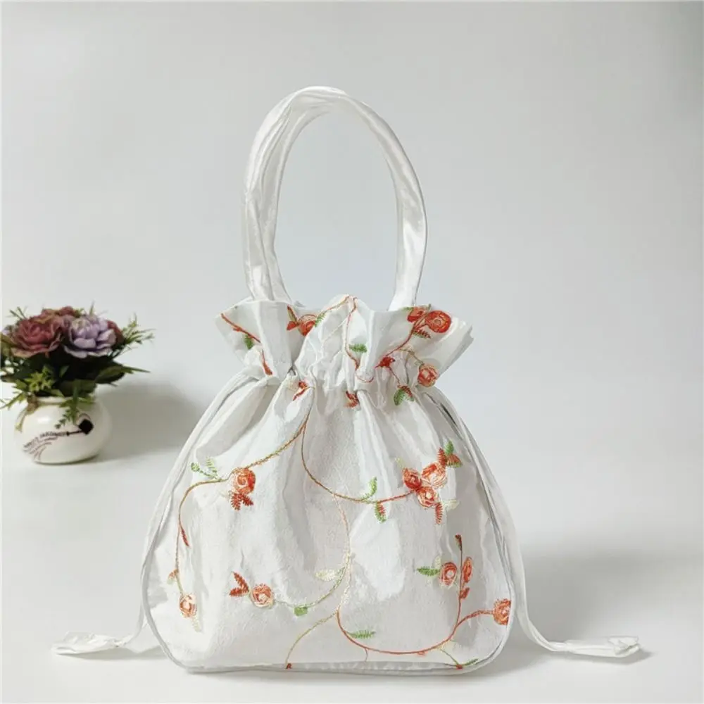 

Elegant Embroidered Flower Women Flower Handbags Top Handle Ethnic Style Small Bucket Bag Handmade Purse Cosmetic Handbag Women