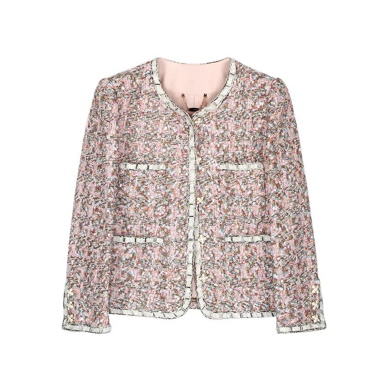 

Pink High Quality Round Neck Small Fragrance Jacket Women Fashion Long Sleeve Sweet Luxury Tweed French Lady Coat Autumn