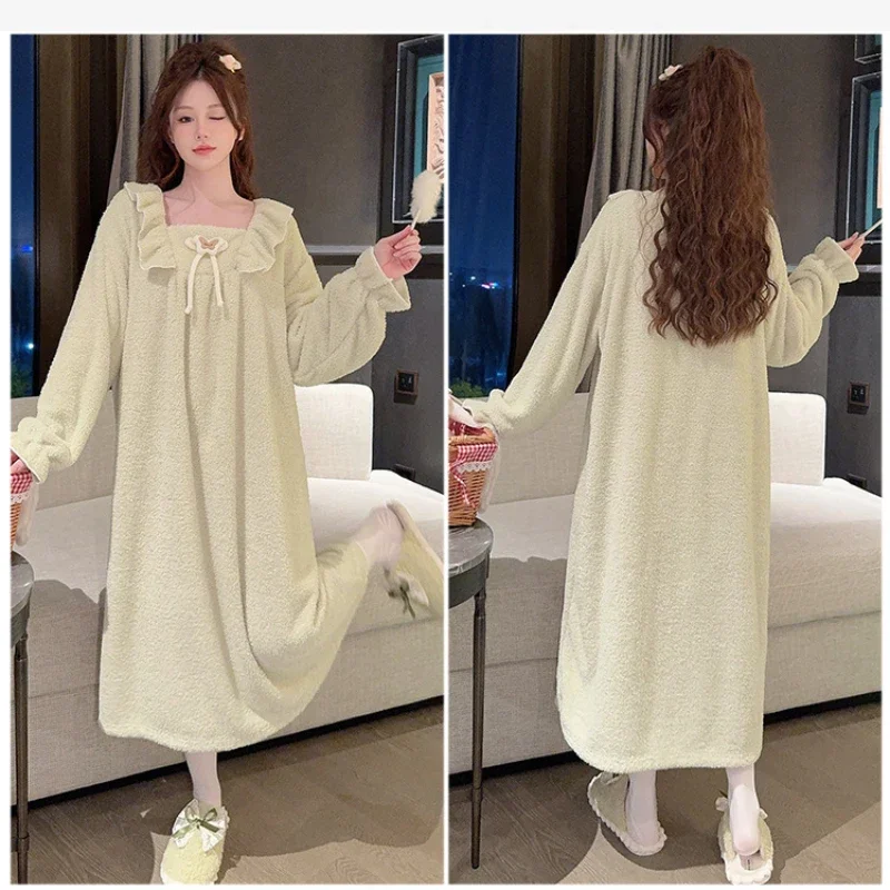 5XL Plus Size Women Winter Coral Velvet Sleep Dress Korean Sweet Fleece-lined Thickened Long Sleeve Flannel Nightgown Sleepshirt