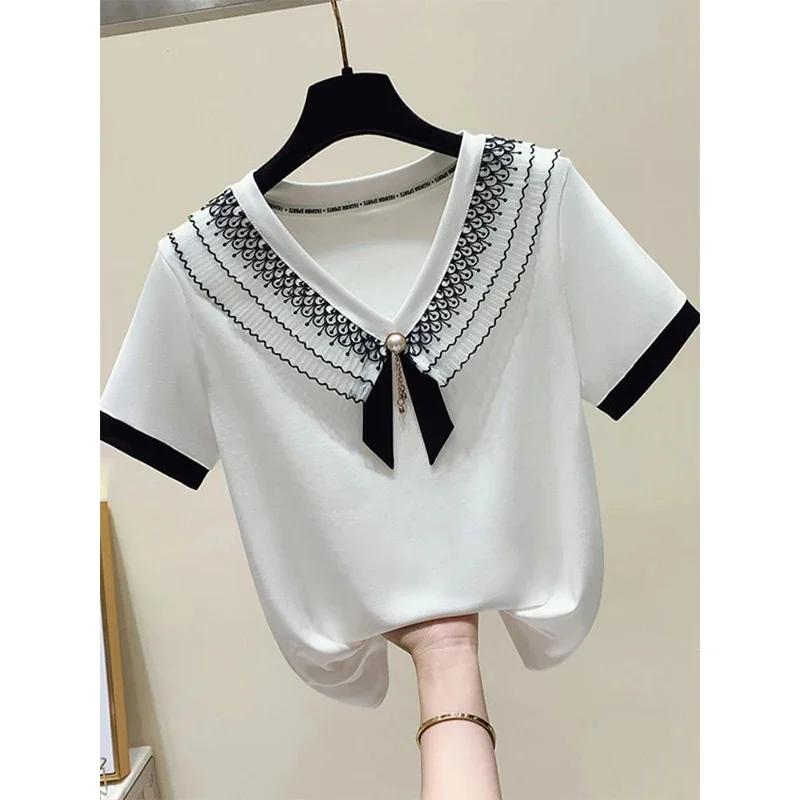 Korean Simplicity Fashion Summer T-Shirts Women\'s Panelled V-neck Patchwork Bow Pearls Temperament Loose Short Sleeve Thin Tops