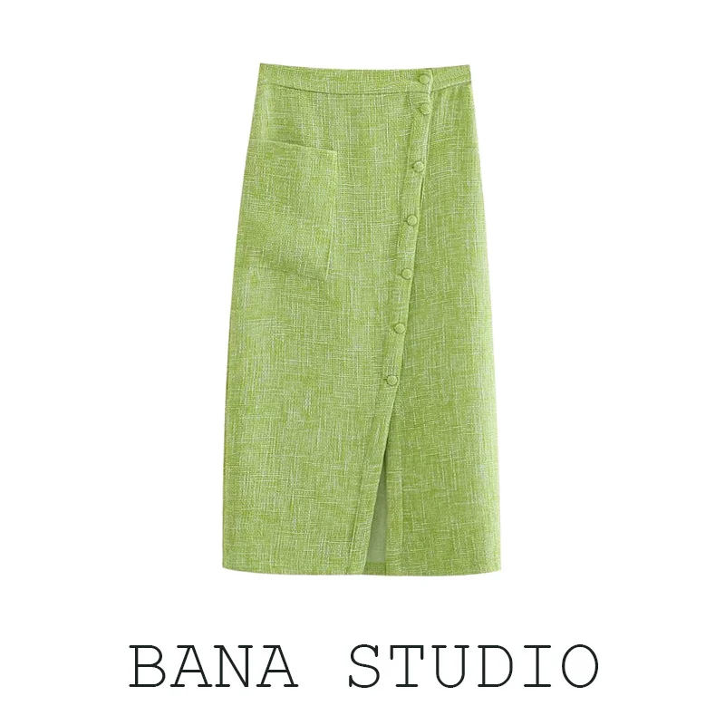 

High Waist Asymmetric Split Tweed Long Skirt Single Button Ladies Spring Autumn Faion Street Sle Pure Color A-Line Skirt