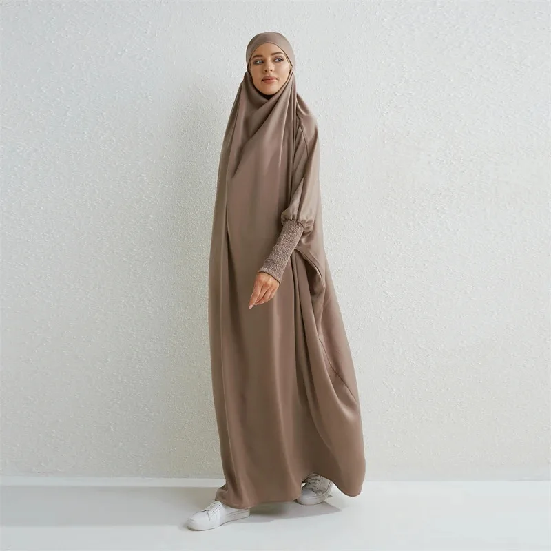 JINIA Gebetskleid mit Kapuze: Muslimisches Kleid mit gesmokten Ärmeln, islamisches Bescheidenheitskleid, Dubai, Saudi-Arabien, schwarze Robe