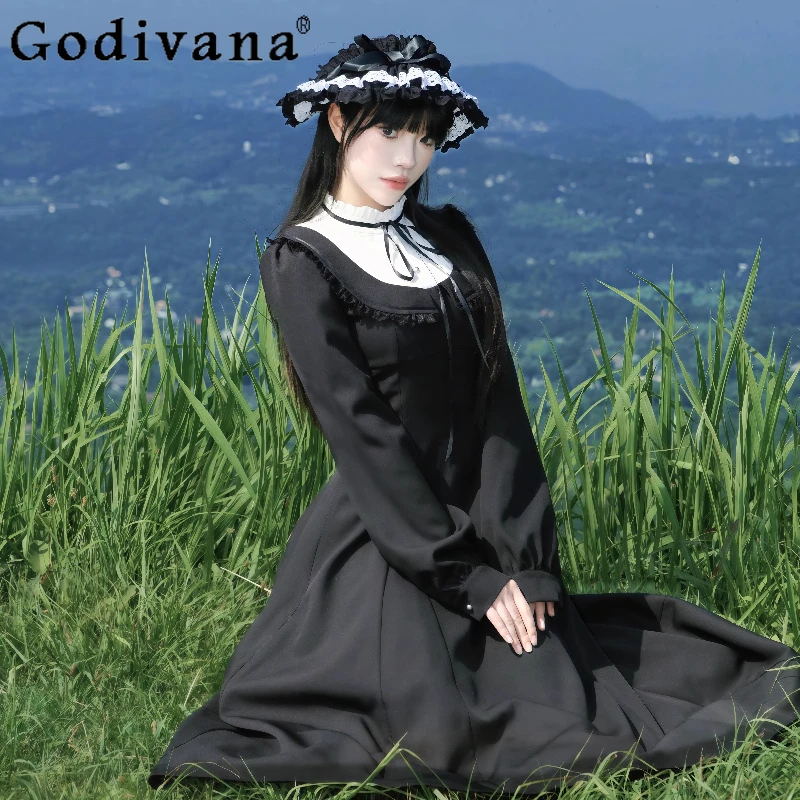 Платье в стиле ретро в винтажном стиле для женщин, оригинальный дизайн, французское осенне-весеннее платье, женское элегантное кружевное длинное платье с застежкой на талии