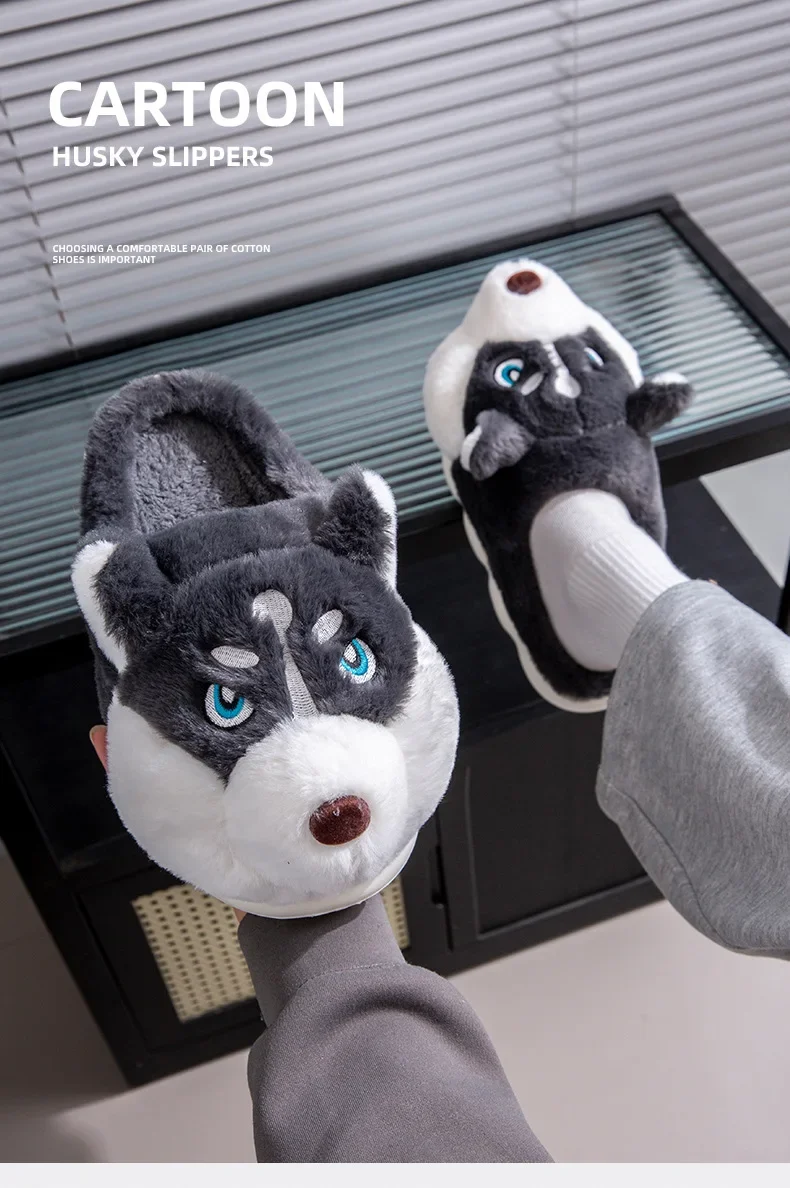 ZUOFU Niedliche Husky-Hund-Plüsch-Hausschuhe Herbst Winter Weiche Flauschige Rutschfeste Komfort-Hausschuhe EU 36-51 – Detail 8