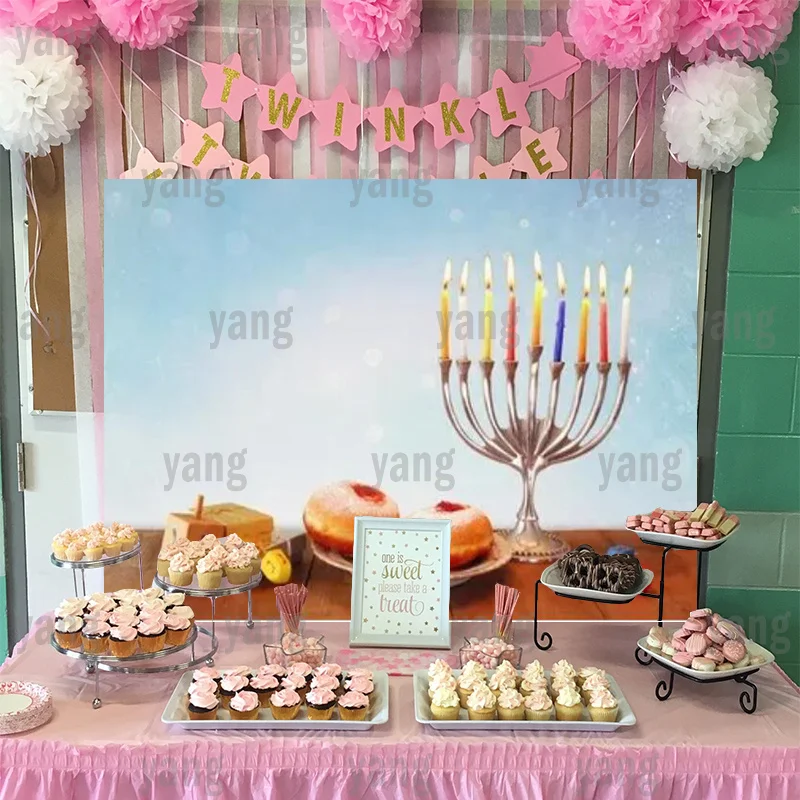 Food Party Happy Hanukkah Photography Backdrop Decoration Hogata Festival Jewish Holidays Candles Polyester Glitter Photo Wall