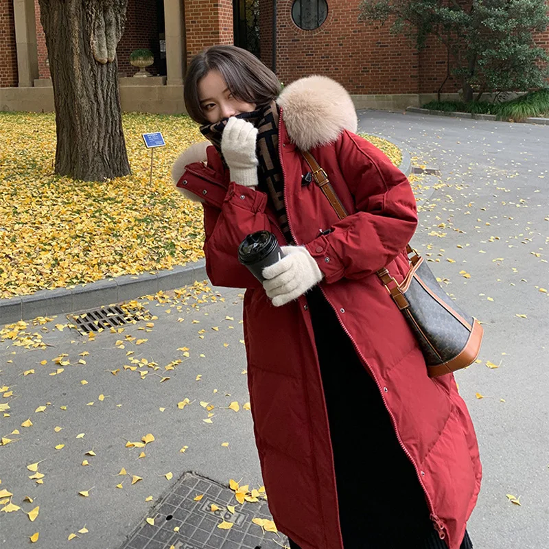 Casual Down Cotton Jacket Autumn Winter 2026 Korean Version Large Fur Collar Hooded Warm Parkas Loose Over The Knee Cotton Coat
