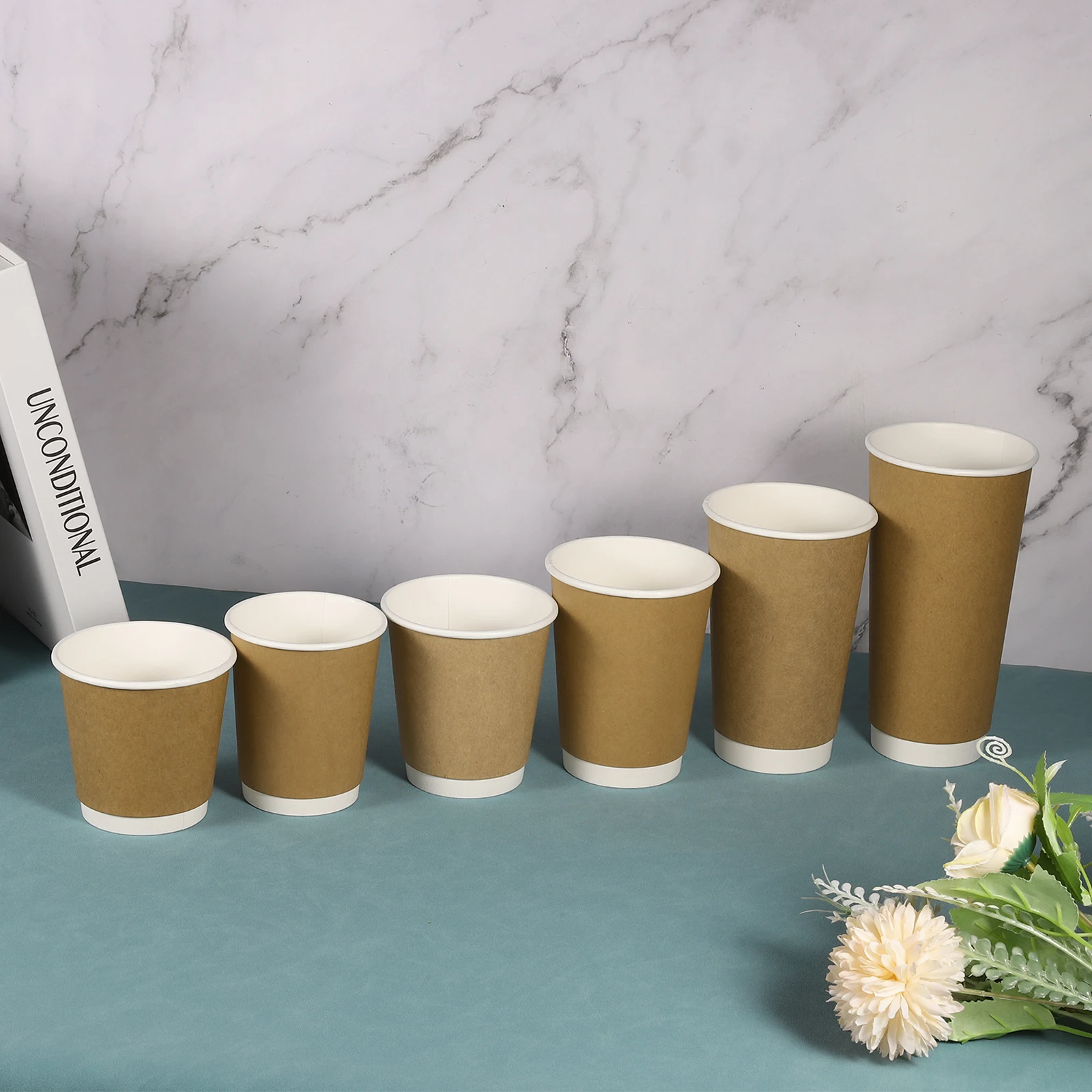 50pcs Disposable Kraft Paper Coffee Cups 270ml-700ml Double-Layer Hot/Cold Cups for Water Milk Juice for Party Picnic Travel