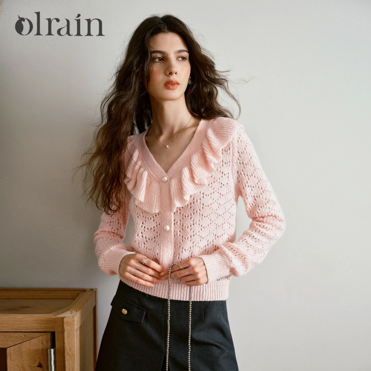 OLrain Cardigan Woman French Lace V-neck Ruffle Edge Sweater 2025 Autumn New Pullover Lazy Top O57QZ000292