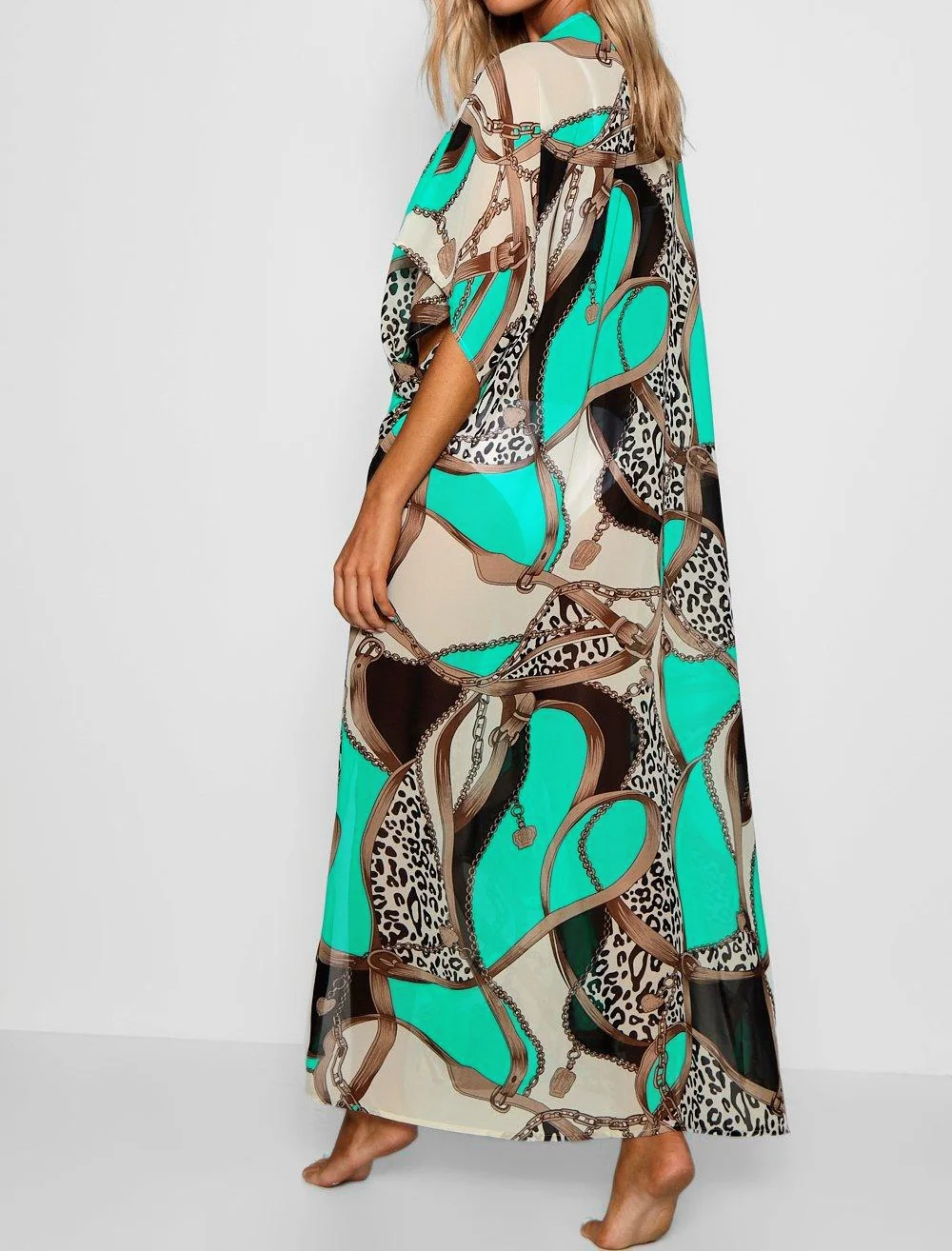 F4758 Boohoo Chain Print Maxi Beach Kimono Femme blue